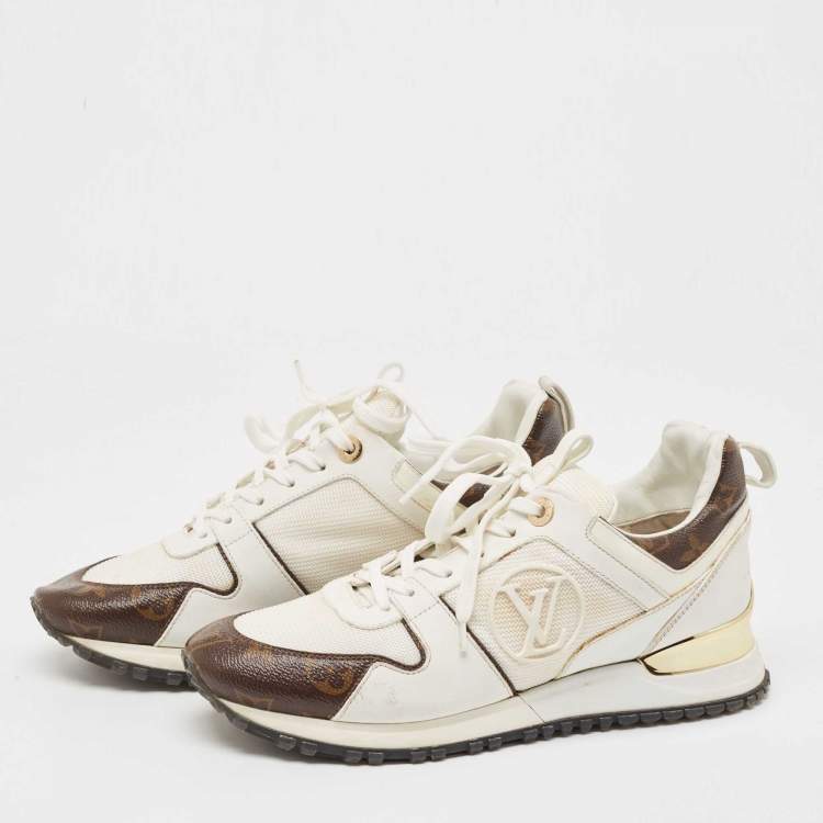 Pre Owned Louis Vuitton White Leather and Monogram Canvas Run Away Sneakers Size 38