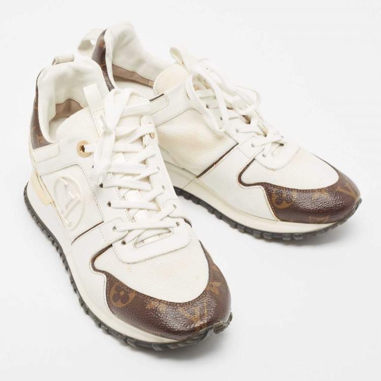 Pre Owned Louis Vuitton White Leather and Monogram Canvas Run Away Sneakers Size 38
