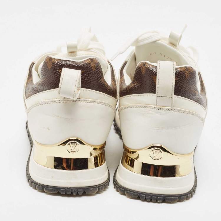 Pre Owned Louis Vuitton White Leather and Monogram Canvas Run Away Sneakers Size 38
