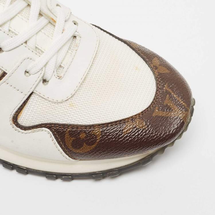 Pre Owned Louis Vuitton White Leather and Monogram Canvas Run Away Sneakers Size 38