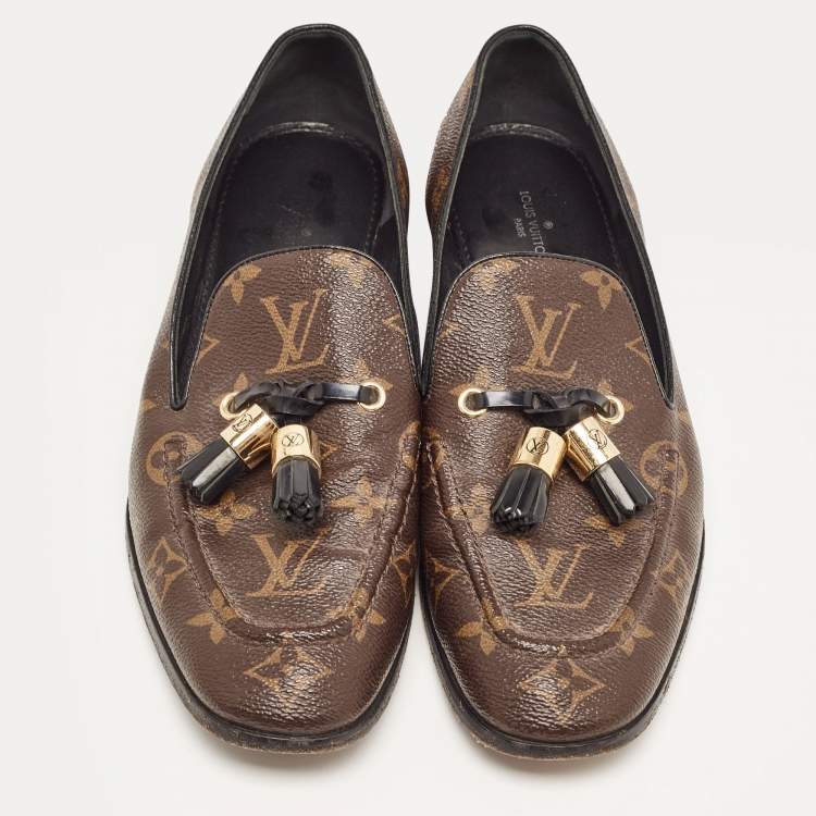 Pre Owned Louis Vuitton Brown Monogram Canvas Society Loafers Size 38.5
