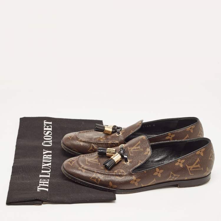 Pre Owned Louis Vuitton Brown Monogram Canvas Society Loafers Size 38.5