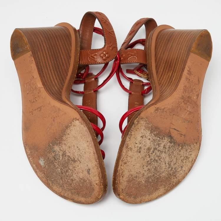 Pre Owned Louis Vuitton Brown/Red Monogram Embossed Leather and Patent T-Strap Wedge Sandals Size 37.5