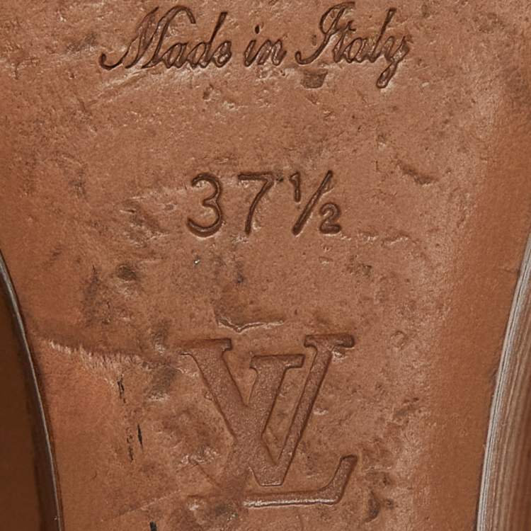 Pre Owned Louis Vuitton Brown/Red Monogram Embossed Leather and Patent T-Strap Wedge Sandals Size 37.5