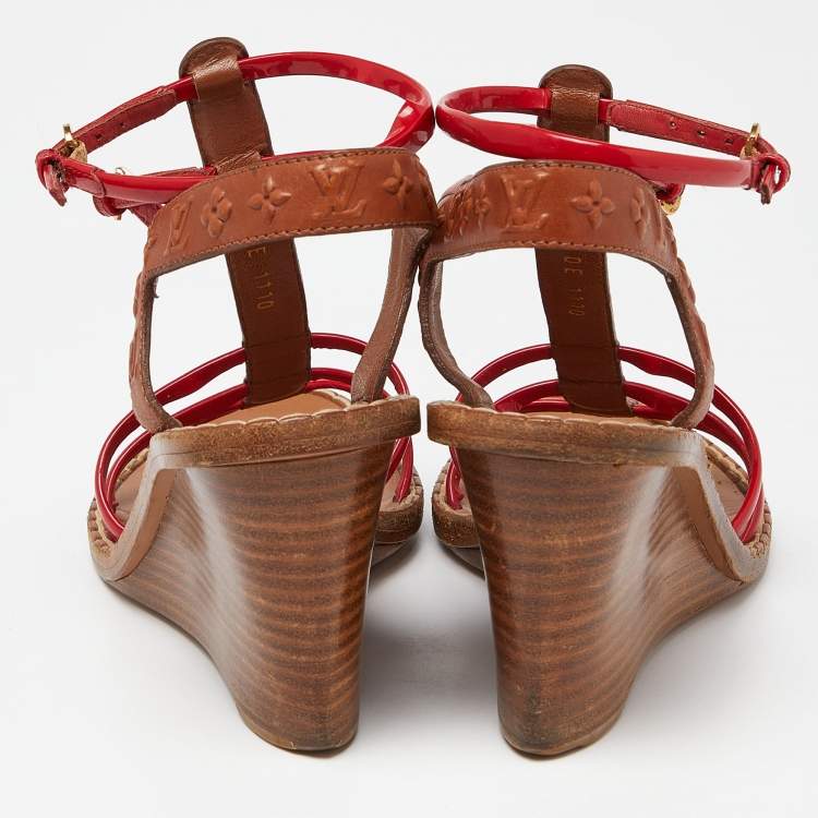 Pre Owned Louis Vuitton Brown/Red Monogram Embossed Leather and Patent T-Strap Wedge Sandals Size 37.5