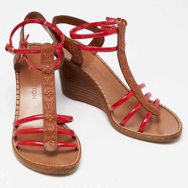 Pre Owned Louis Vuitton Brown/Red Monogram Embossed Leather and Patent T-Strap Wedge Sandals Size 37.5
