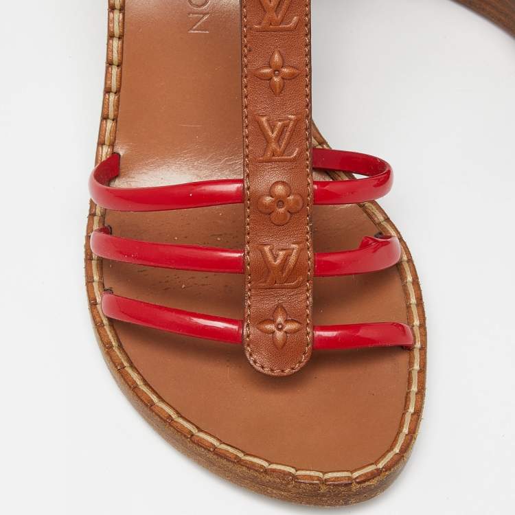 Pre Owned Louis Vuitton Brown/Red Monogram Embossed Leather and Patent T-Strap Wedge Sandals Size 37.5
