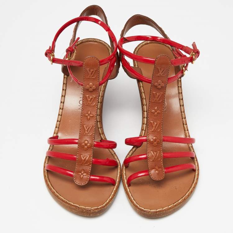 Pre Owned Louis Vuitton Brown/Red Monogram Embossed Leather and Patent T-Strap Wedge Sandals Size 37.5