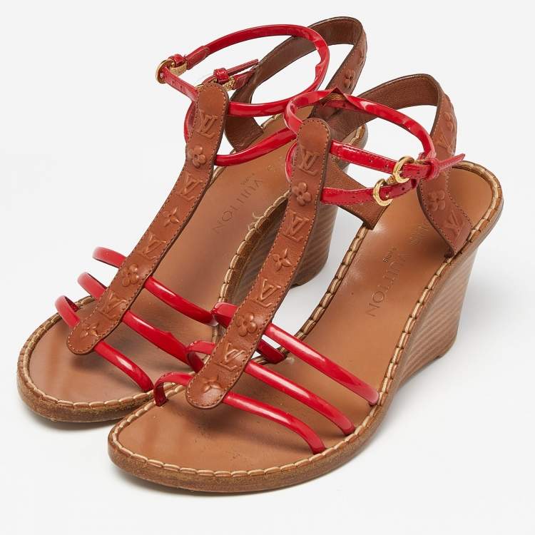 Pre Owned Louis Vuitton Brown/Red Monogram Embossed Leather and Patent T-Strap Wedge Sandals Size 37.5