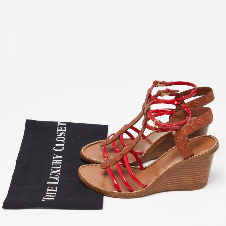 Pre Owned Louis Vuitton Brown/Red Monogram Embossed Leather and Patent T-Strap Wedge Sandals Size 37.5