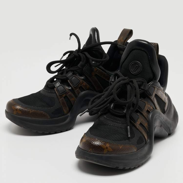 Pre Owned Louis Vuitton Black/Brown Leather and Monogram Canvas Archlight Sneakers Size 37