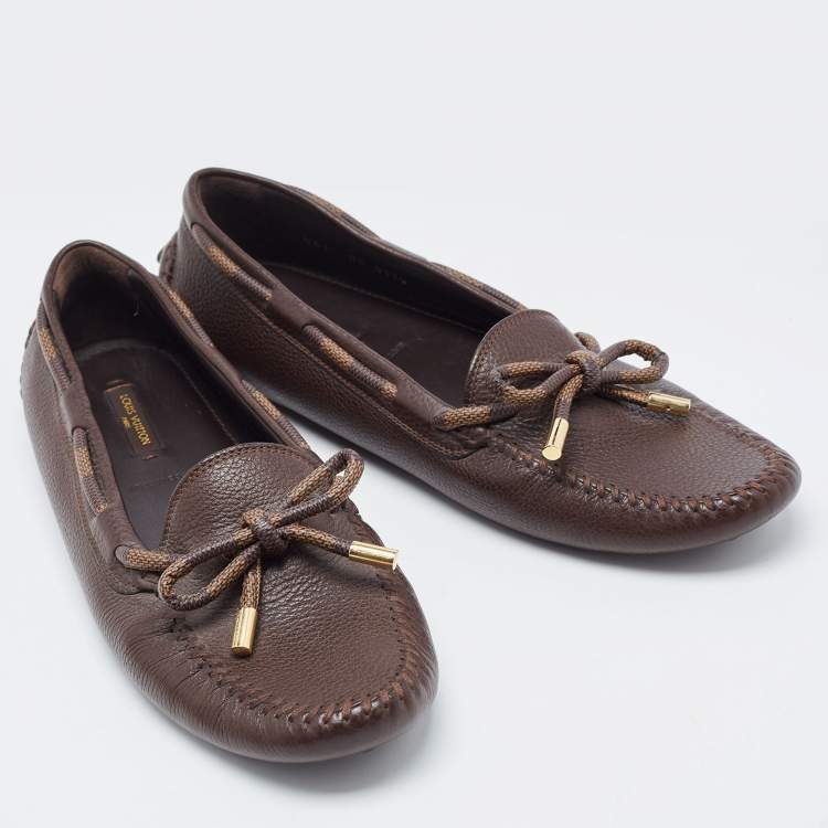 Pre Owned Louis Vuitton Brown Damier Ebene Canvas and Leather Arizona Bow Loafers Size 41