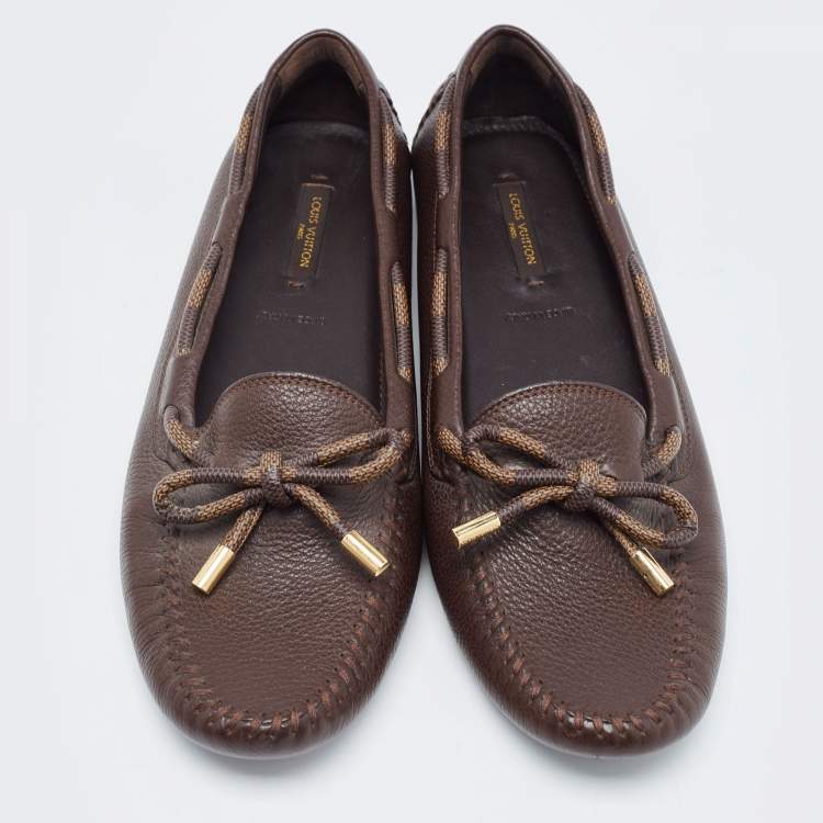 Pre Owned Louis Vuitton Brown Damier Ebene Canvas and Leather Arizona Bow Loafers Size 41