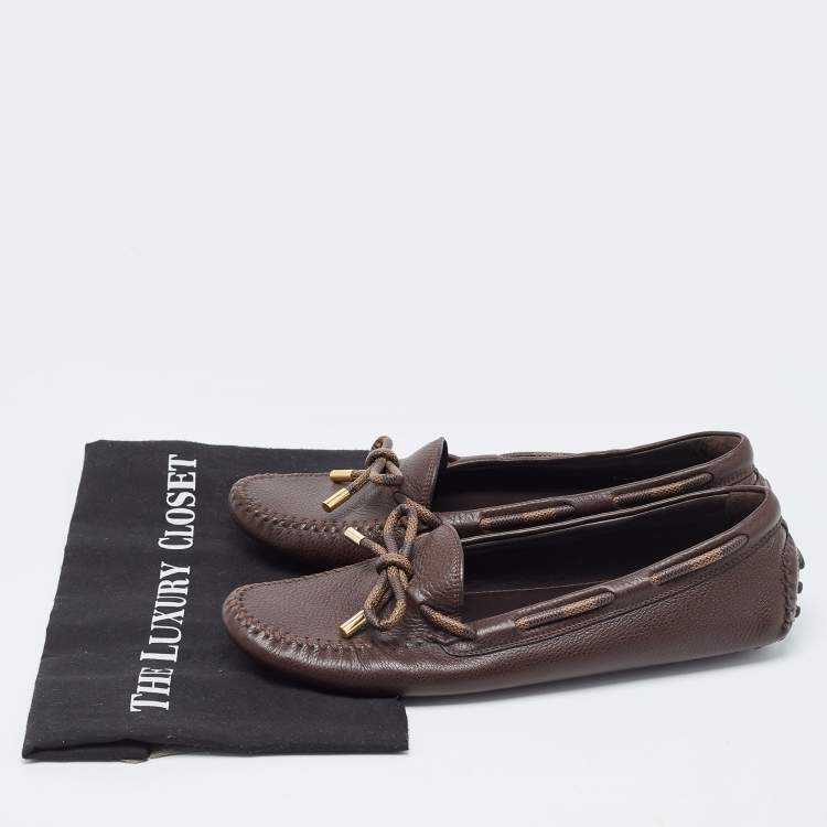 Pre Owned Louis Vuitton Brown Damier Ebene Canvas and Leather Arizona Bow Loafers Size 41