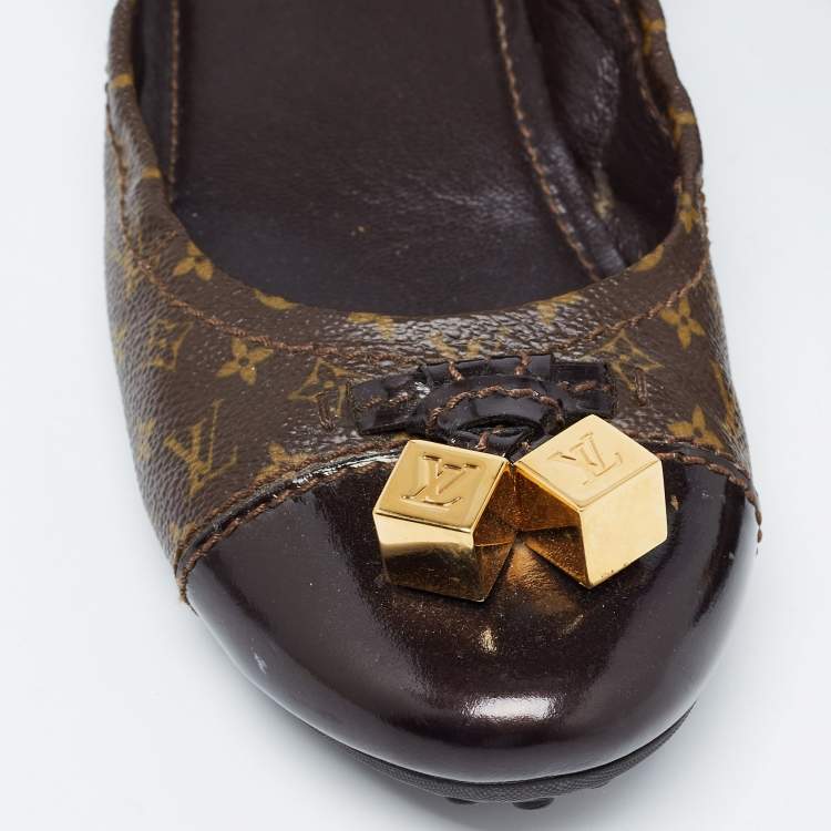 Pre Owned Louis Vuitton Brown Monogram Canvas and Patent Lovely Scrunch Ballet Flats Size 39.5