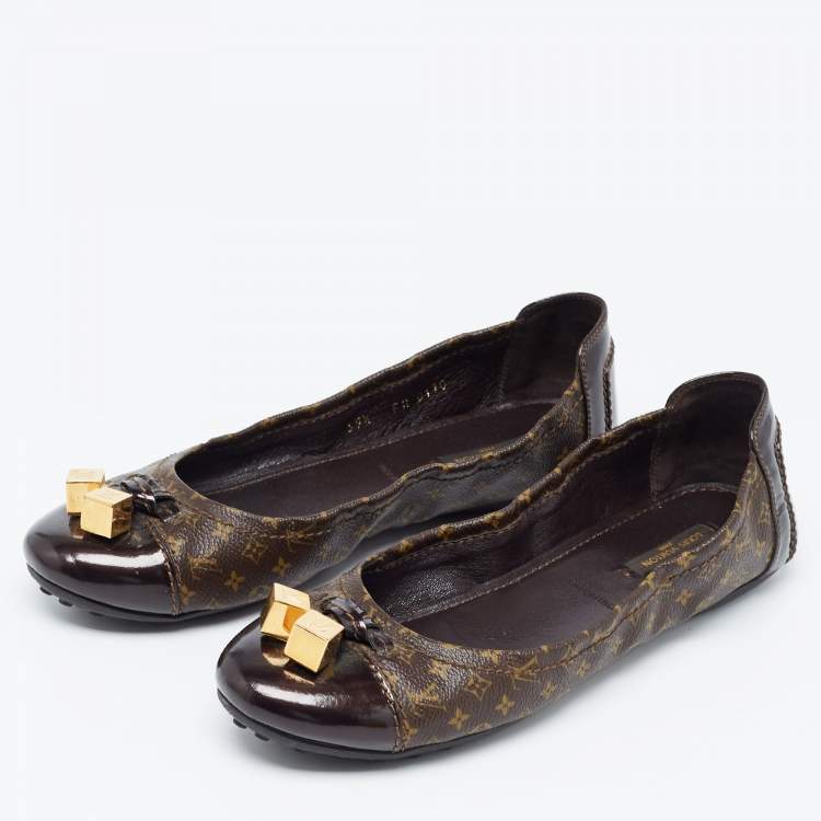 Pre Owned Louis Vuitton Brown Monogram Canvas and Patent Lovely Scrunch Ballet Flats Size 39.5