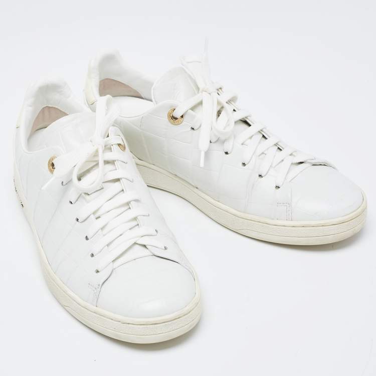 Pre Owned Louis Vuitton White Croc Embossed Leather Frontrow Sneakers Size 36.5
