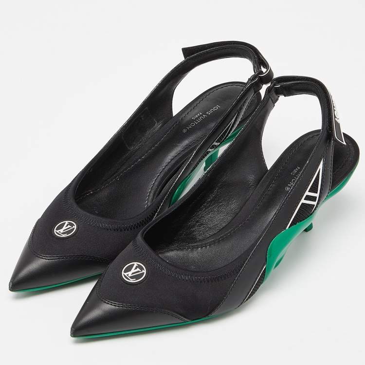 Pre Owned Louis Vuitton Black/Green Satin, Mesh and Leather Archlight Slingback Pumps Size 38