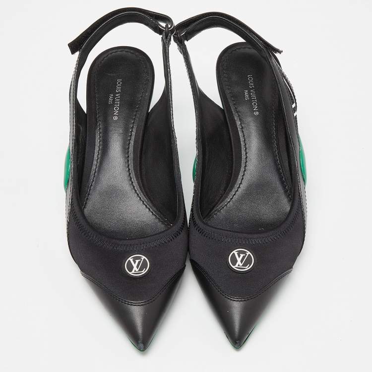 Pre Owned Louis Vuitton Black/Green Satin, Mesh and Leather Archlight Slingback Pumps Size 38