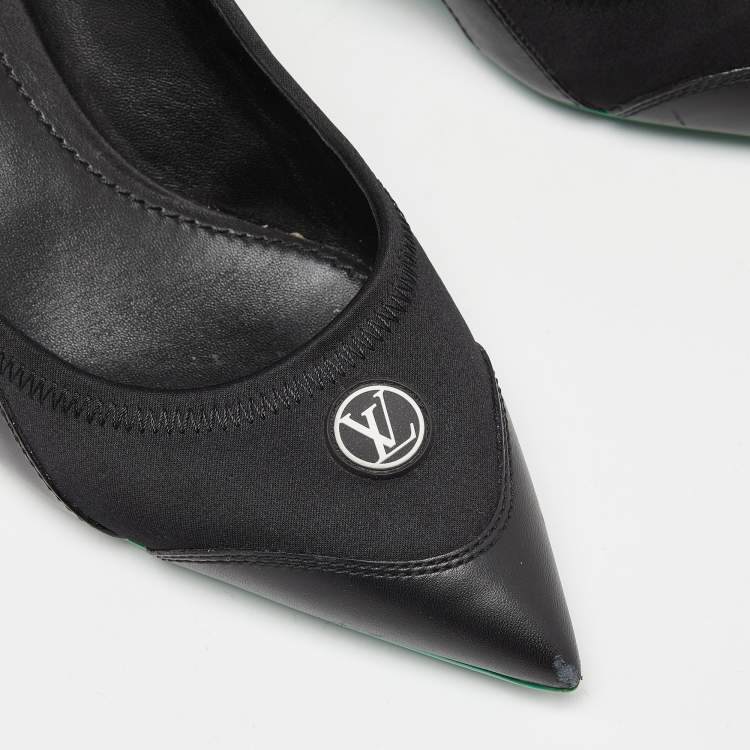 Pre Owned Louis Vuitton Black/Green Satin, Mesh and Leather Archlight Slingback Pumps Size 38