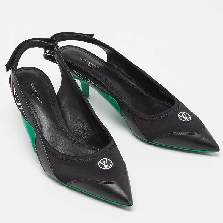 Pre Owned Louis Vuitton Black/Green Satin, Mesh and Leather Archlight Slingback Pumps Size 38