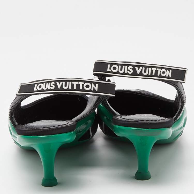 Pre Owned Louis Vuitton Black/Green Satin, Mesh and Leather Archlight Slingback Pumps Size 38