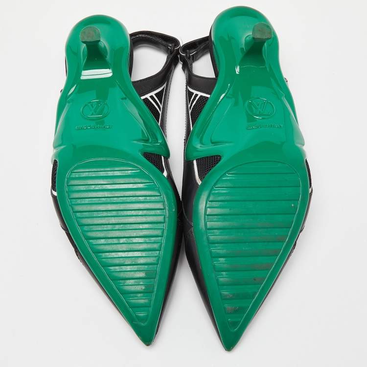 Pre Owned Louis Vuitton Black/Green Satin, Mesh and Leather Archlight Slingback Pumps Size 38