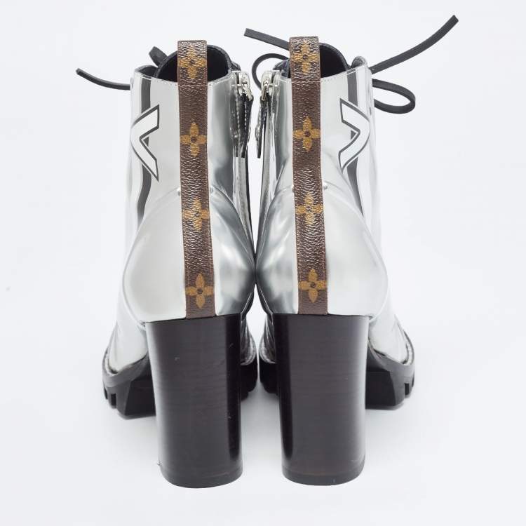 Pre Owned Louis Vuitton Silver Leather Spaceship Ankle Boots Size 40