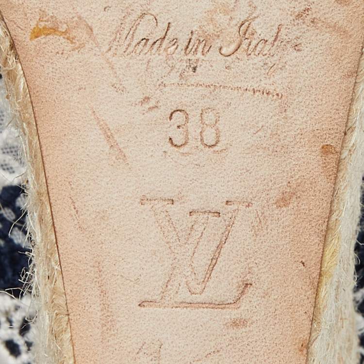 Pre Owned Louis Vuitton Blue/White Fabric, Suede and Mesh Open Toe Wedge Espadrille Sandals Size 38