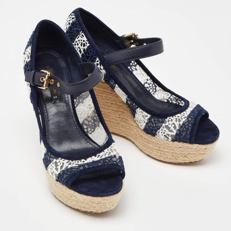 Pre Owned Louis Vuitton Blue/White Fabric, Suede and Mesh Open Toe Wedge Espadrille Sandals Size 38