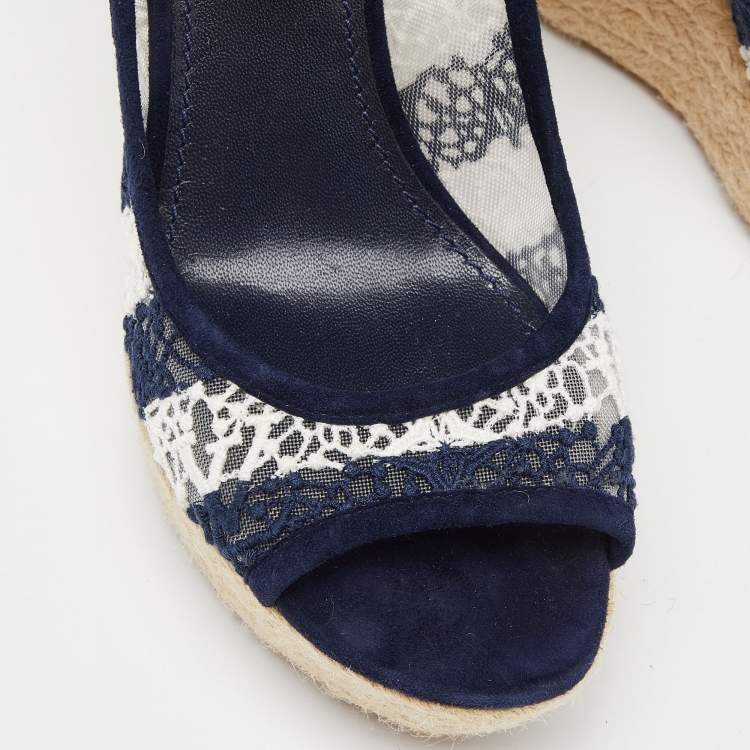 Pre Owned Louis Vuitton Blue/White Fabric, Suede and Mesh Open Toe Wedge Espadrille Sandals Size 38