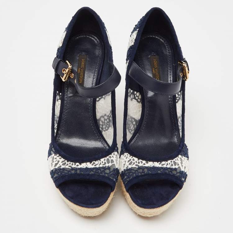 Pre Owned Louis Vuitton Blue/White Fabric, Suede and Mesh Open Toe Wedge Espadrille Sandals Size 38