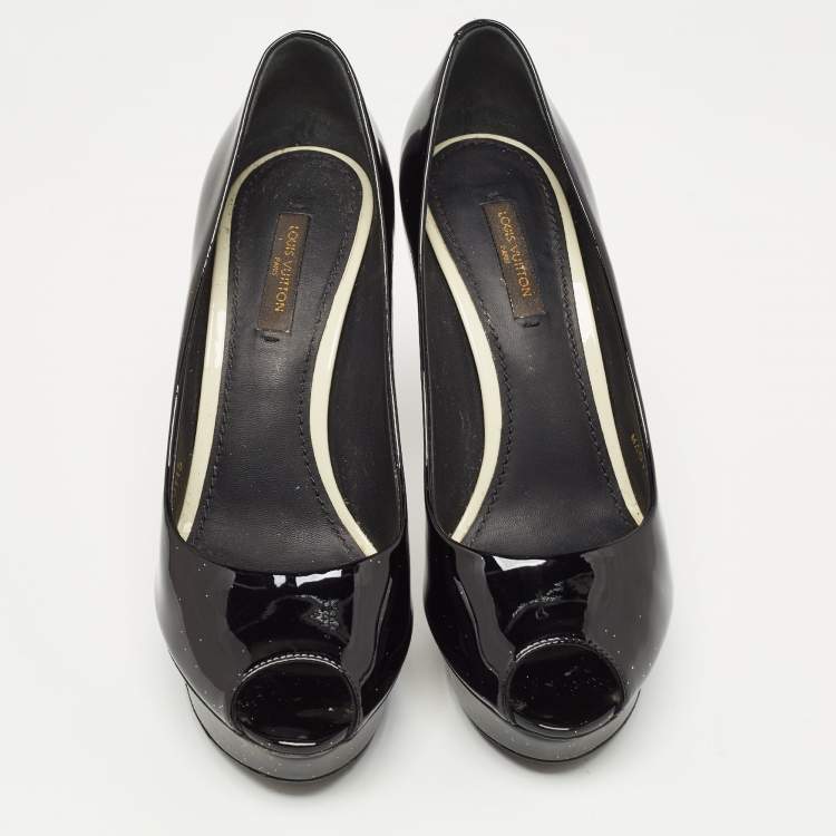 Pre Owned Louis Vuitton Black Patent Leather Peep Toe Platform Pumps Size 37