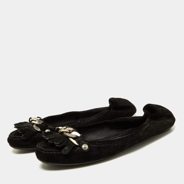 Pre Owned Louis Vuitton Black Glitter Suede Chain Fringe Details Loafers Size 40