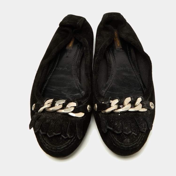 Pre Owned Louis Vuitton Black Glitter Suede Chain Fringe Details Loafers Size 40