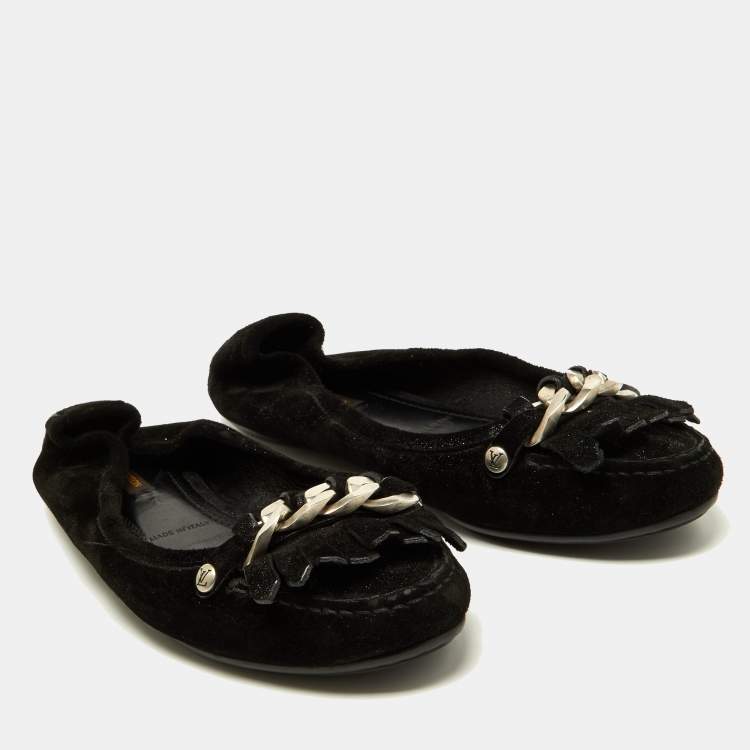 Pre Owned Louis Vuitton Black Glitter Suede Chain Fringe Details Loafers Size 40