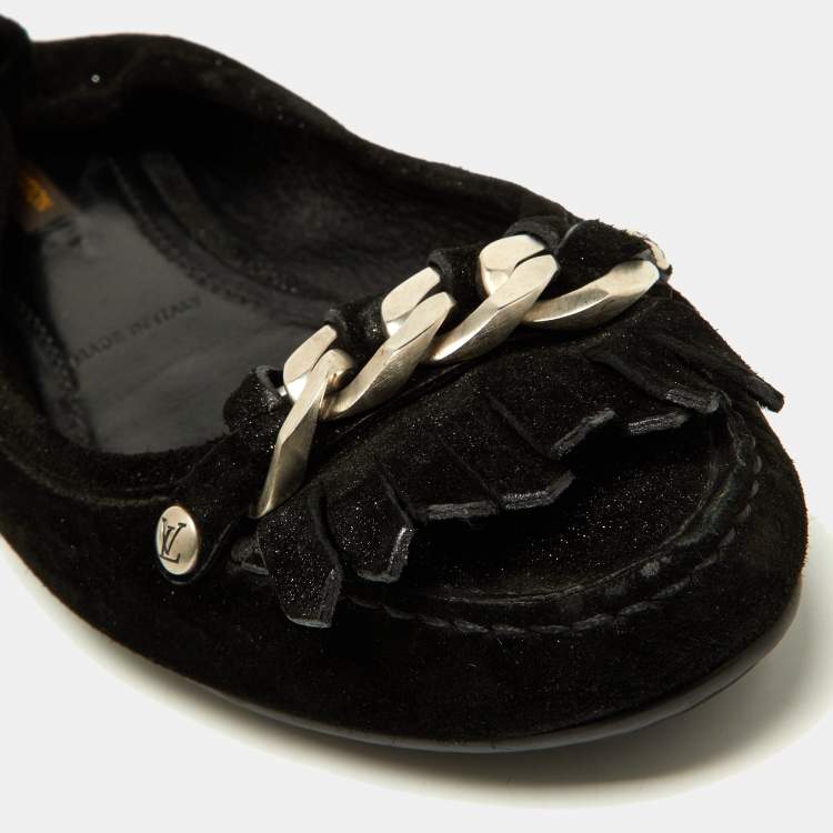Pre Owned Louis Vuitton Black Glitter Suede Chain Fringe Details Loafers Size 40