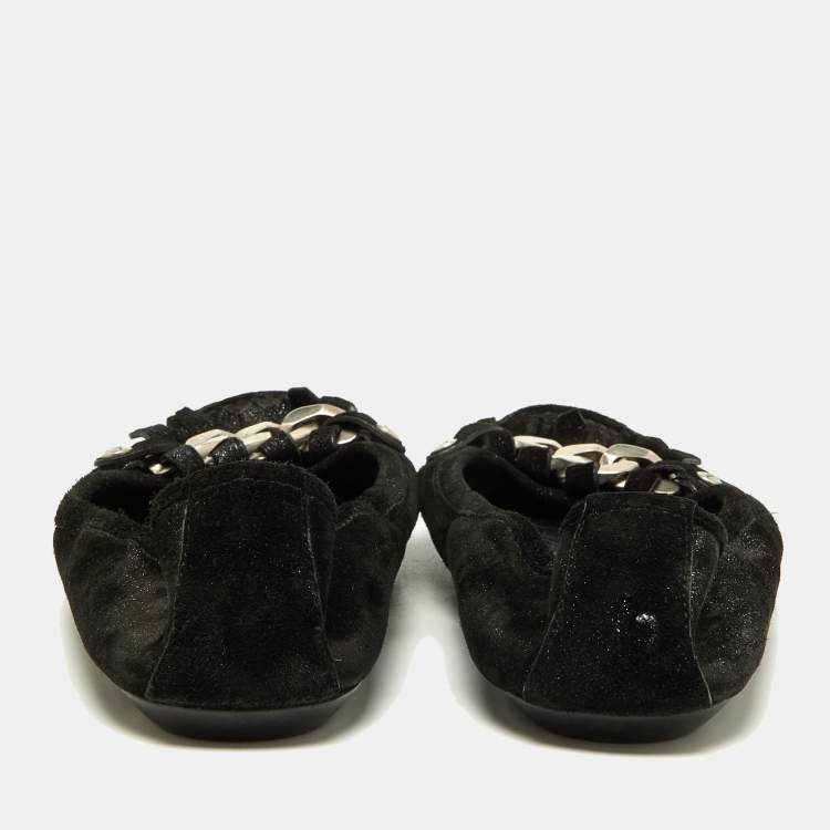 Pre Owned Louis Vuitton Black Glitter Suede Chain Fringe Details Loafers Size 40