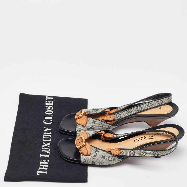Pre Owned Louis Vuitton Beige/Black Monogram Canvas and Leather Slingback Sandals Size 39.5