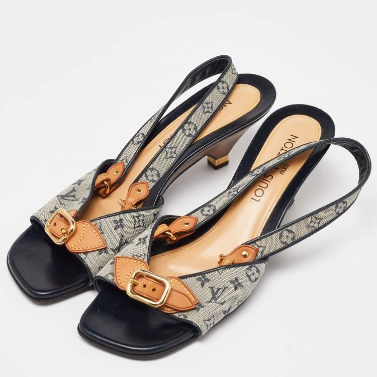 Pre Owned Louis Vuitton Beige/Black Monogram Canvas and Leather Slingback Sandals Size 39.5