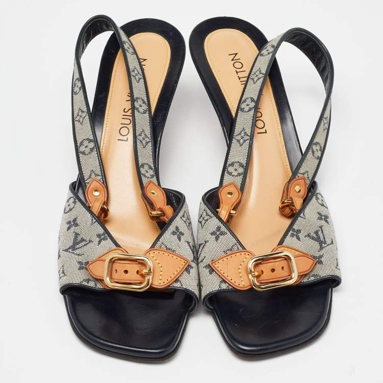 Pre Owned Louis Vuitton Beige/Black Monogram Canvas and Leather Slingback Sandals Size 39.5