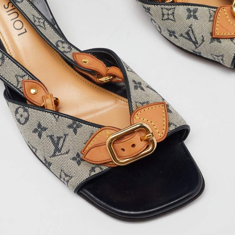 Pre Owned Louis Vuitton Beige/Black Monogram Canvas and Leather Slingback Sandals Size 39.5