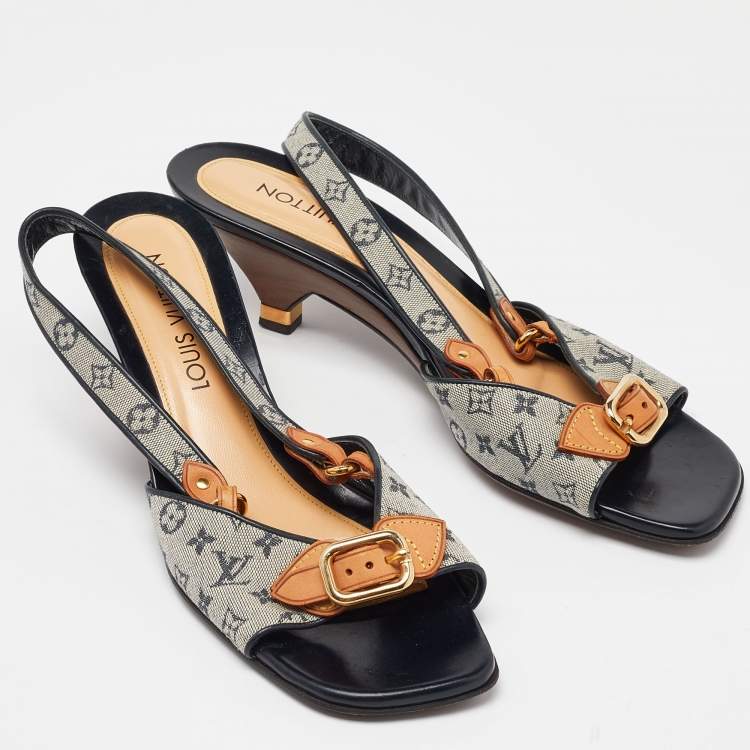 Pre Owned Louis Vuitton Beige/Black Monogram Canvas and Leather Slingback Sandals Size 39.5