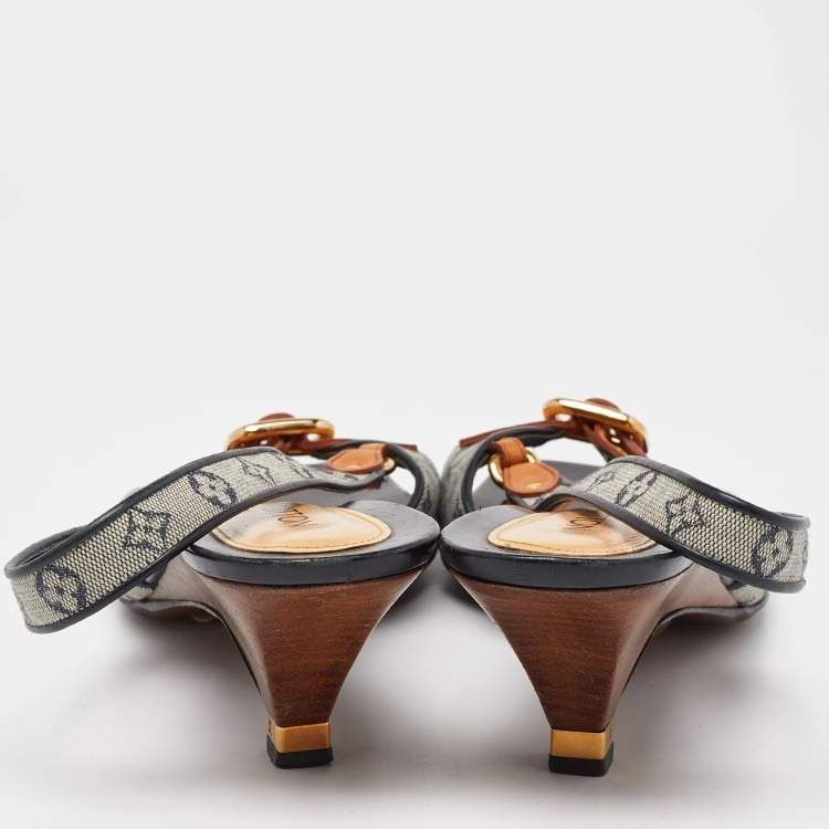 Pre Owned Louis Vuitton Beige/Black Monogram Canvas and Leather Slingback Sandals Size 39.5