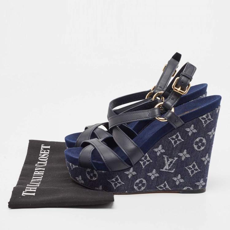 Pre Owned Louis Vuitton Blue Leather And Monogram Denim Wedge Ocean Slingback Sandals Size 40