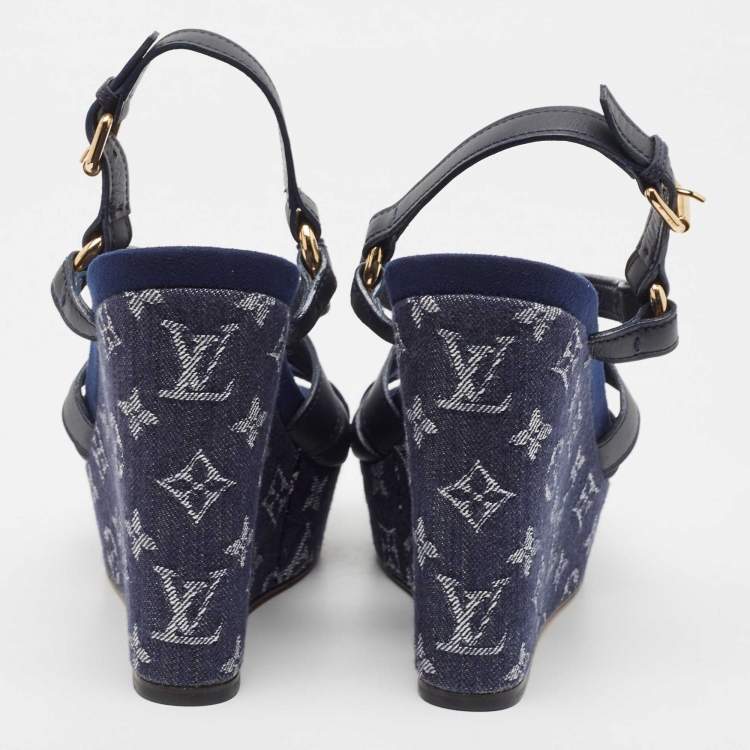 Pre Owned Louis Vuitton Blue Leather And Monogram Denim Wedge Ocean Slingback Sandals Size 40