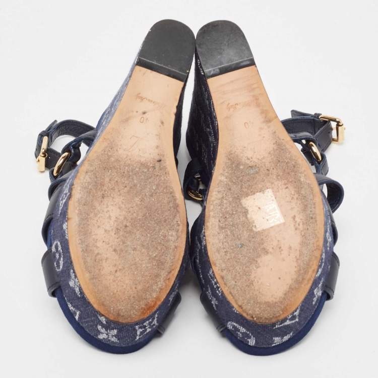Pre Owned Louis Vuitton Blue Leather And Monogram Denim Wedge Ocean Slingback Sandals Size 40