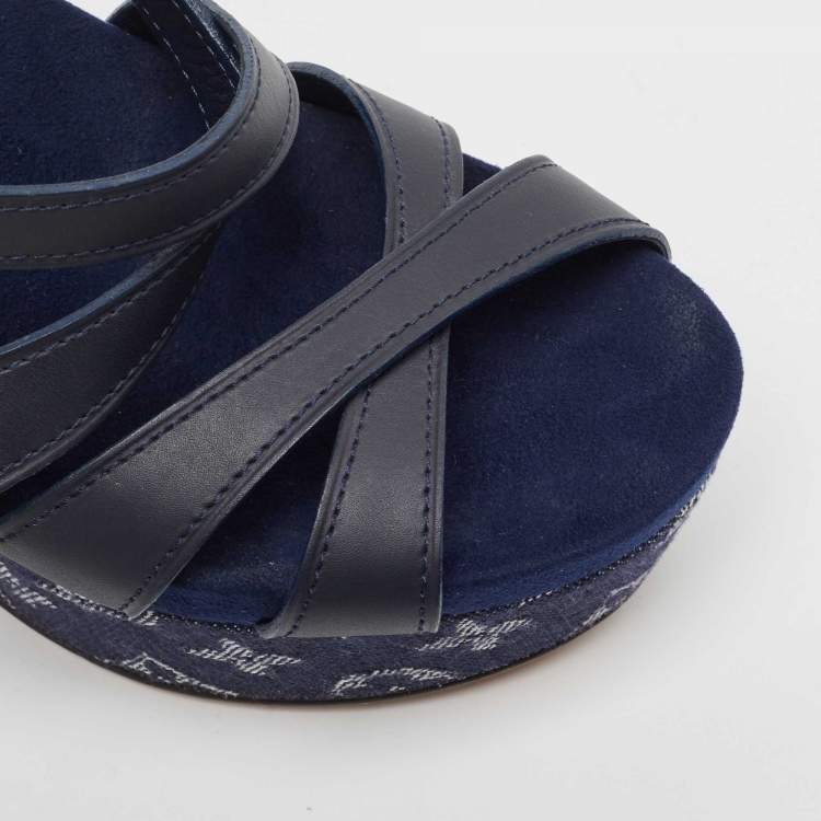 Pre Owned Louis Vuitton Blue Leather And Monogram Denim Wedge Ocean Slingback Sandals Size 40