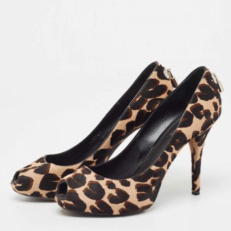Pre Owned Louis Vuitton Brown Calf Hair Peep Toe Pumps Size 39