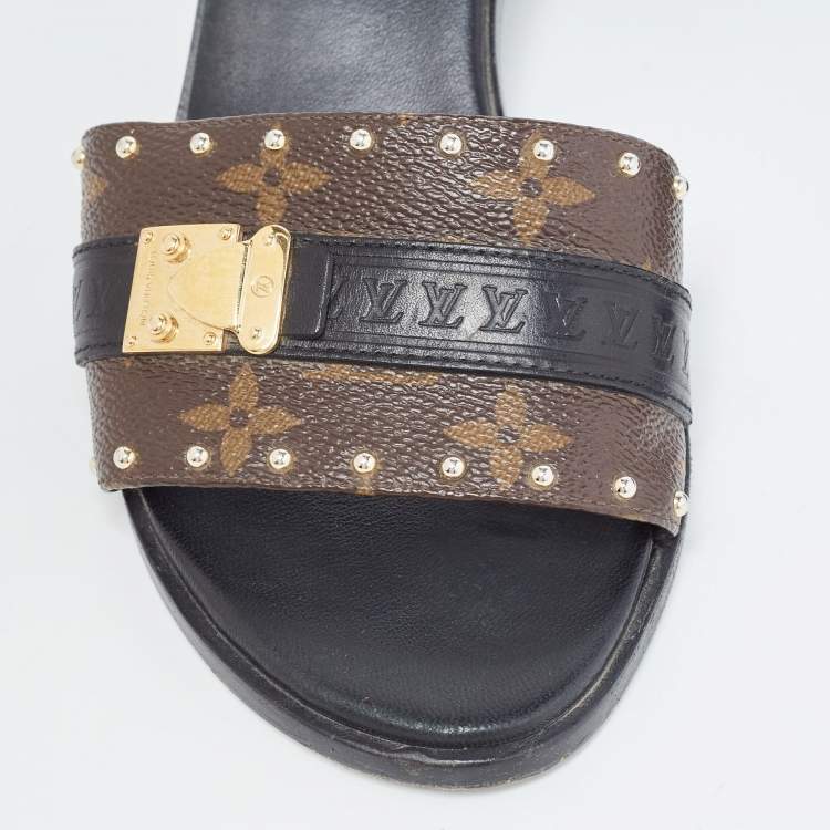 Pre Owned Louis Vuitton Brown/Black Monogram Canvas and Leather Lock It Slide Sandals Size 39.5